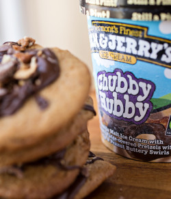 “Chubby Hubby” Vanilla Malt Cookies loaded with Chocolate Covered & Peanut Butter-Filled Pretzel Pieces, topped with a Chocolate-Peanut Butter Drizzle
