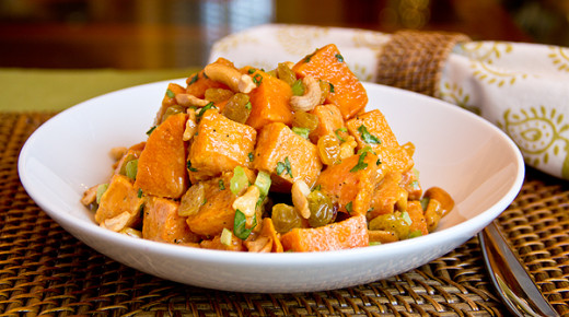 Curried Sweet Potato Salad with Cashews and Golden Raisins